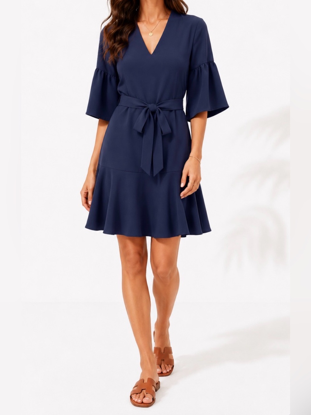 Quarter sleeve navy dress with tie